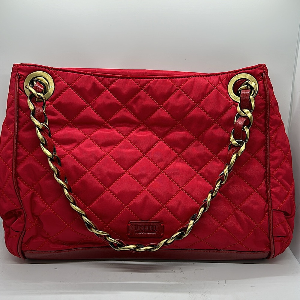 Moschino Fire Engine Red Quilted Bow Chain Handles Handbag Purse 🌺🌺 - Picture 2 of 8